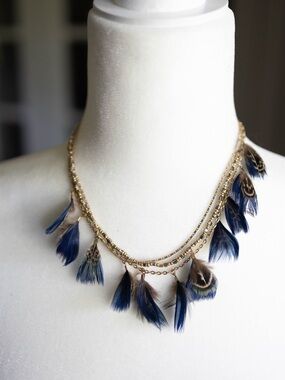 Layered Gold Necklace with Blue Feather & Bead Accents